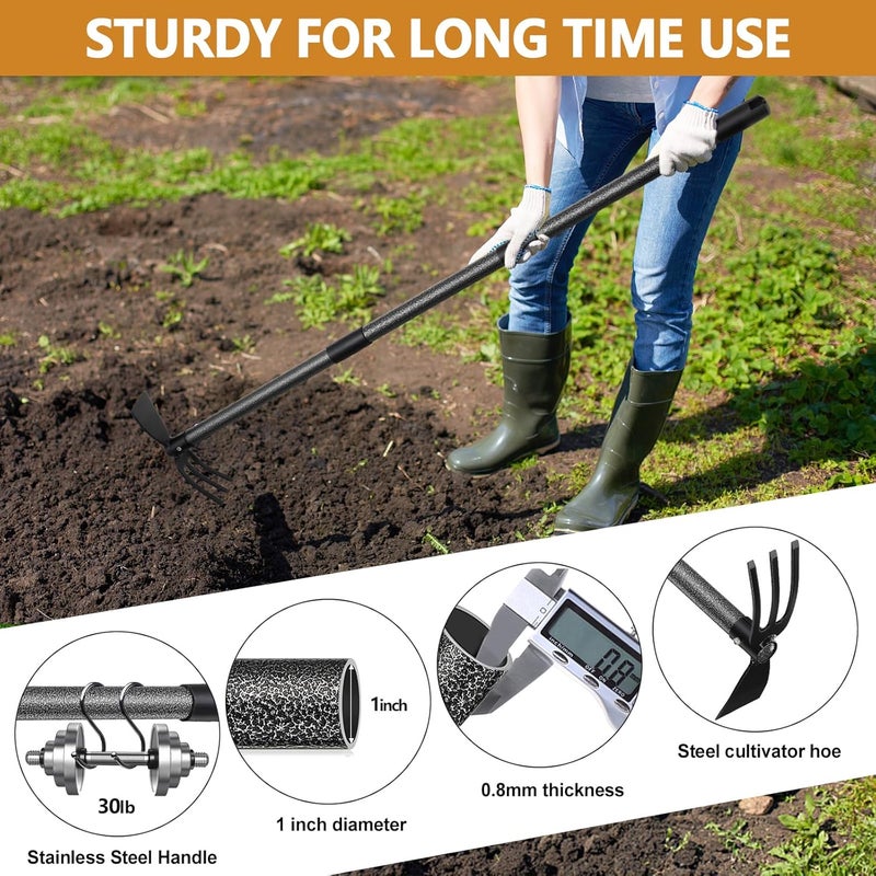 PoPoHoser Garden Hoe Tool, 2-in-1 Heavy Duty Dual-Head Weeding Tool, 45" Adjustable Long Handle Cultivator for Weeding, Tilling, Lawn Yard Flower Bed Gardening Tool - Image 3